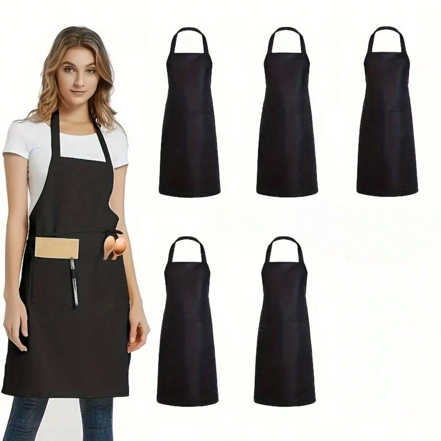 1/3/5/10pcs Women's Polyester Apron, Simple Black With Pockets, Thickened Waist, Fashionable Home Kitchen Workwear, Kitchen Supplies - Multicolor - View 1