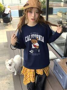 女款秋冬寬鬆極簡百搭卡通熊印花長袖T恤 - 藏蓝色 - 查看 3