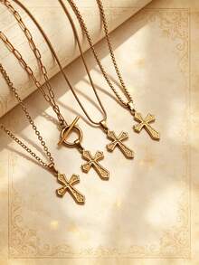 1pc Vintage Stainless Steel Gold Plated Classical Minimalist Totem Rune Cross Pendant Necklace Unisex Daily Wear Festival Wear Niche Luxury Versatile - Yellow Gold - View 3