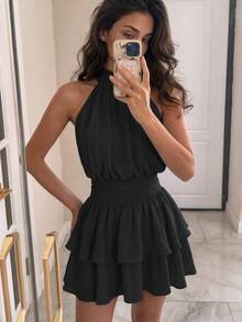 Elegant Fashionable Black Halter Neck Backless Layered Ruffle Mini Dress - Wedding Party Fall - Black - View 9