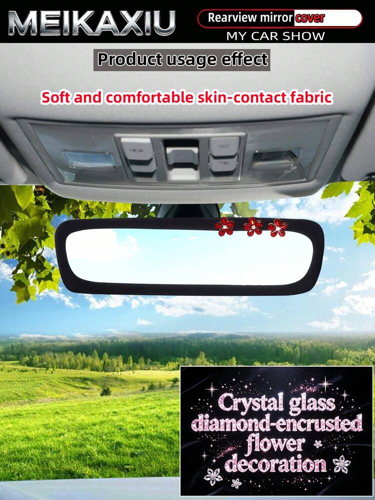 MEIKAXIU Sparkling Skin-Friendly Soft Fabric Artificial Crystal & Rhinestone Flower Bling Bling Elastic Car Rearview Mirror Cover, Car Interior Mirror Sleeve Decorative Accessory For Women - Rhinestone Crystal Flower Rearview Mirror Cover - View 14