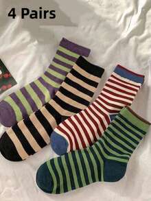 4 Pairs (Random) Women's Striped Mid-Calf Socks, Unique Fashion Versatile, Soft & Comfortable, Medium Thick, Suitable For Daily Wear, Christmas Gift (8/12/15) - Multicolor - View 6