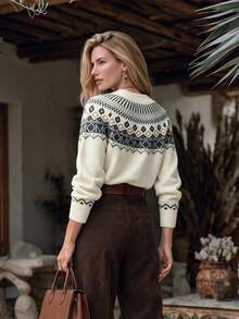 NiceArt Women's Loose Fair Isle Geometric Pattern Sweater With Faux Collar, Wool Blend, Elegant Vintage Style For Autumn/Winter, Suitable For Holiday, Office, Date, Party Wear - Multicolor - View 2