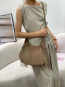 Women Hobo Crossbody Shoulder Bag,Curved Crescent Shape Suede Leather Fringe Tassel Silver Rivet,Adjustable Strap Bohemian Style Daily Travel - Multicolor - View 8