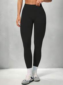 Yefecy Women's Seamless High Waist Leggings, Solid Color Opaque, High Elasticity Tummy Control Long Pants, Suitable For Running, Cycling, Yoga, Gym Workout And Daily Wear - Black - View 3