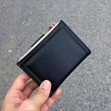 Japanese Style Student Minimalist Short Bi-Fold PU Women's Wallet, Zipper Multi-Function ID Card Holder Fashion Coin Purse - Black - View 2