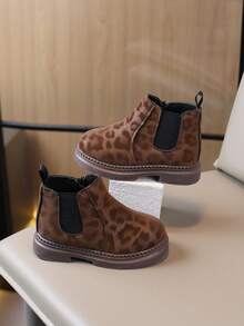 Kids Leopard Print Ankle Boots, Side Zipper & Elastic Panel Design, Round Toe Thick Sole Casual Short Boots For Toddler Girls, Daily Outdoor Wear - Mocha Brown - View 5