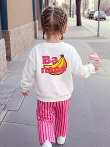 2pcs Baby Girls Autumn Letter Fruit Banana Print Long Sleeve Sweatshirt Contrast Color Striped Elastic Waist Wide Leg Pants Children Spring Fashion Cute Outfit - Rose Red - View 8