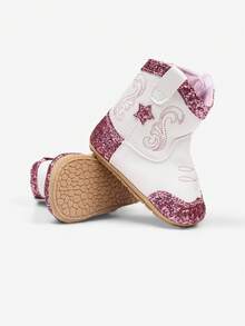 yibubu Pink Infant Shoes,Infant Girl Shoes,Pink And White Interspersed,Cute Star Design,Simplement And Fashionable,Slip-Resistant Sole,Warm Infant Boots - Pink - View 5
