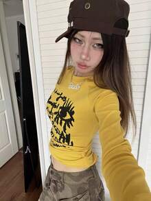 美式辣妹風黃色方領長袖T恤，小眾設計修身顯瘦短版女款打底上衣 - 黃色 - 查看 5