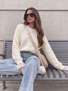 Women's Lace Collar Knit Cardigan, Round Neck Front Button Sweater Jacket, Suitable For Thanksgiving And Christmas Outfits - White - View 9