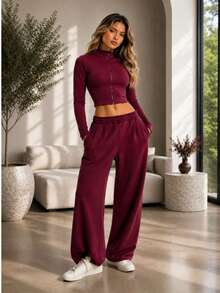 Casual Tela Botón delantero conjunto 2 piezas Diario TODAS - Rojo violeta - Ver 3