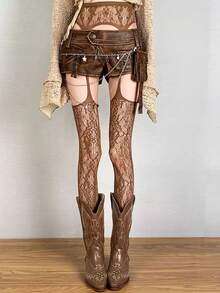 1 Pair Women's Spring/Summer Thin Sexy Hollow Out Fishnet Tights, Versatile Party Pantyhose - Brown - View 2
