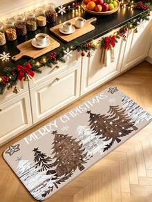 1pc Christmas Vintage Wood Grain Christmas Tree Pattern Kitchen Mat, Soft Flannel Touch Absorbent Home Entryway Rug, Easy To Clean Washable Area Runner, Kitchen Runner Rug, Suitable For Kitchen, Bathroom, Entryway, Laundry Room, Hallway, Bedroom, Living Room Decor, All Season, Great Gift, Christmas Atmosphere Decor Mat - View 1