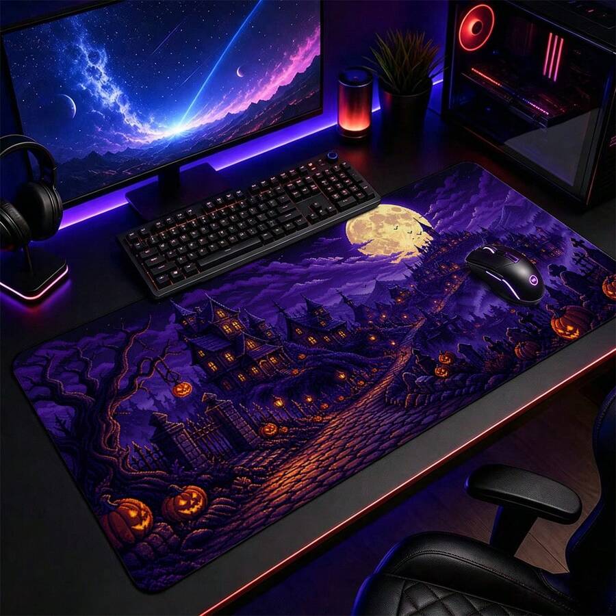 1pc Halloween Purple Haunted House Pumpkin And Full Moon Print XL Gaming Mouse Pad, Gothic Night Keyboard Desk Mat, Spooky Holiday Desk Decor - View 1