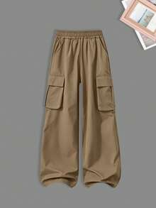 Fashionable Versatile Retro Minimalist Letter & Snowflake Textured Crew Neck Sweatshirt + Cargo Pants Long Pants, 2pcs Set For Girls Autumn/Winter Daily Wear - Brown - View 4