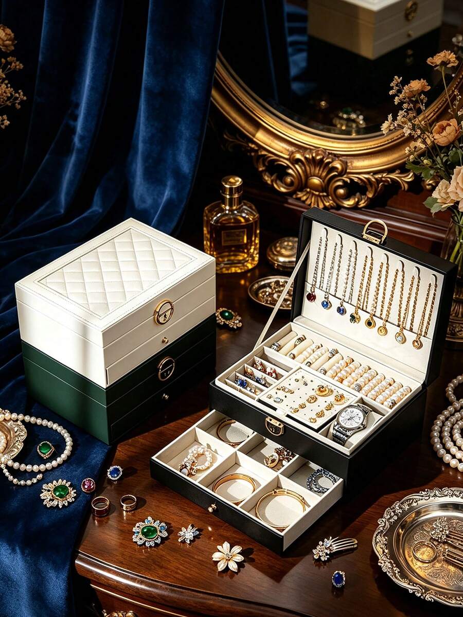 1pc Large Capacity Jewelry Box With Drawer, White Green Color Block Black Optional, Top Layer Necklace Hooks Ring Slots Earring Board, Bottom Layer Drawer Partition, Lockable Dust-Proof, Vanity Storage Watch Slot, Anti-Oxidation, Necklace Hooks, Home Use Zipper - Multicolor - View 1