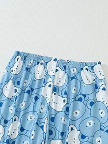 Big Girls Cute Bear All-Over Print Lapel Button Long Sleeve Top + Pants 2-Piece Pajama Set, Soft And Comfortable Loungewear, Suitable For 8-12 Years Old - Blue - View 8