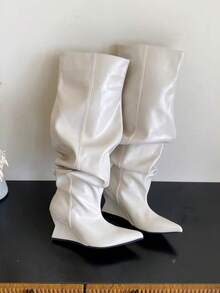 Sepatu Bot Tinggi Berkerut Model Baru, Ujung Lancip, Di Atas Lutut, Sepatu Bot Berkuda Model Vintage dengan Kaki Lebar - Putih - View 4