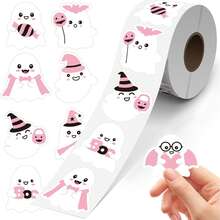 1pc/Halloween Pink Cute Ghost Roll Stickers, Cartoon Little Ghost Candy Adhesive Labels, Gift Box Seal Handmade Party Decoration Stickers - Multicolor - View 2