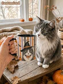 Customized Halloween Pet Portrait Mug, Personalized Watercolor Dog Cat Photo Cup, Striped Pet Lover Gift, Watercolor Pet Mug, Halloween Gift - Multicolor - View 5
