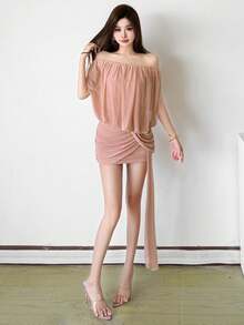 Elegant & Sexy Sleeveless Knitted Bodycon Dress For Women, Off Shoulder Ruched Design, Short Mini Length - Pink - View 1