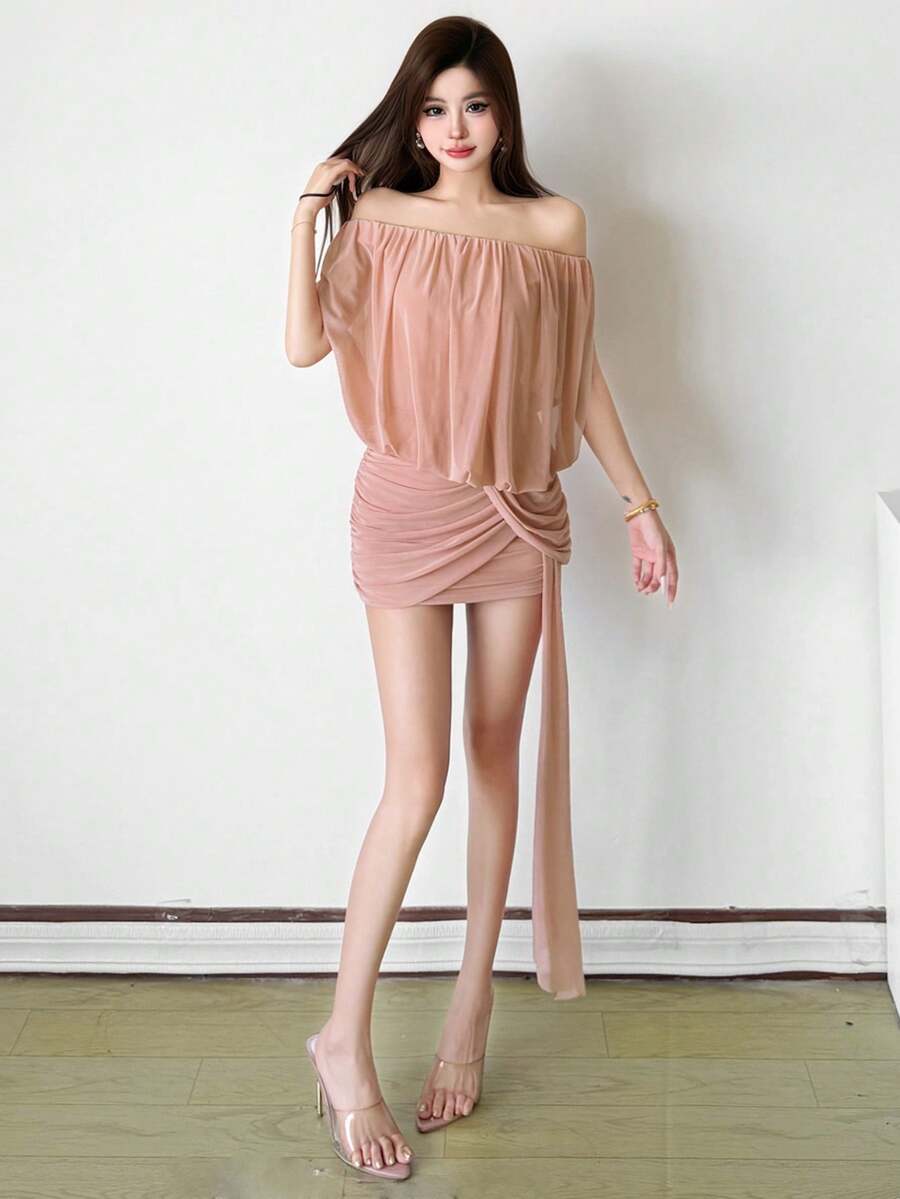 Elegant & Sexy Sleeveless Knitted Bodycon Dress For Women, Off Shoulder Ruched Design, Short Mini Length - Pink - View 1