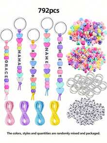 264pcs Handmade DIY Beaded Keychain Full Material Kit, Letter Beads, Heart Beads, Colorful Cord Keychain Combination, Educational Craft Set - Multicolor - View 7