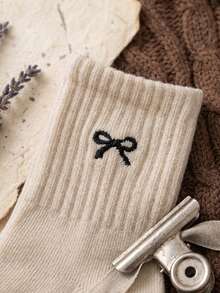 5 Pairs Kids Maillard Color Palette Bowknot Minimalist Small Pattern Autumn Winter All Season High Elastic Mid-Calf Sports Solid Color Socks - Multicolor - View 2