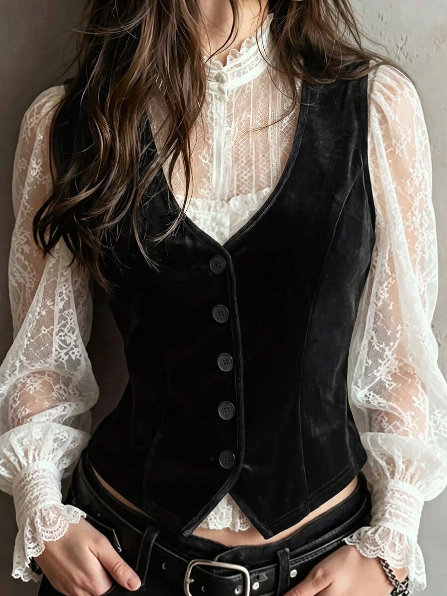 Women's Vintage Royal Style Layered Velvet Vest, V-Neck Single-Breasted Slim Fit Waistcoat Top