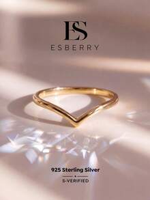 ESBERRY 1pc S925 Sterling Silver V-Shaped Engagement/Wedding Ring, Women's Promise/Eternity Ring, Exquisite Jewelry Gift - Gold - View 2