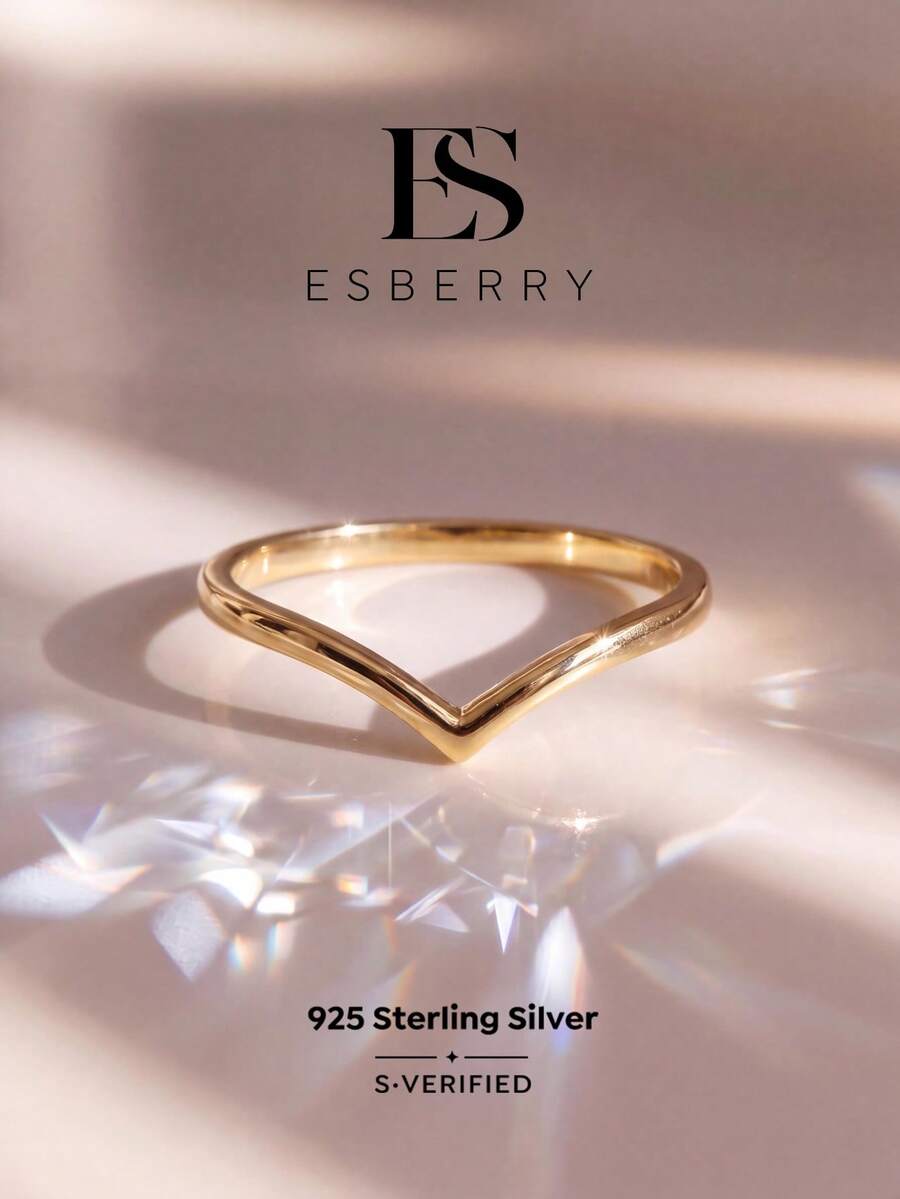 ESBERRY 1pc S925 Sterling Silver V-Shaped Engagement/Wedding Ring, Women's Promise/Eternity Ring, Exquisite Jewelry Gift