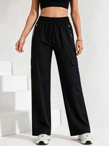 Women's Straight Leg Wide Leg Pants, White Side Stripe, Visually Lengthening Legs, Suitable For Commute And Sports, Black - Black - View 5