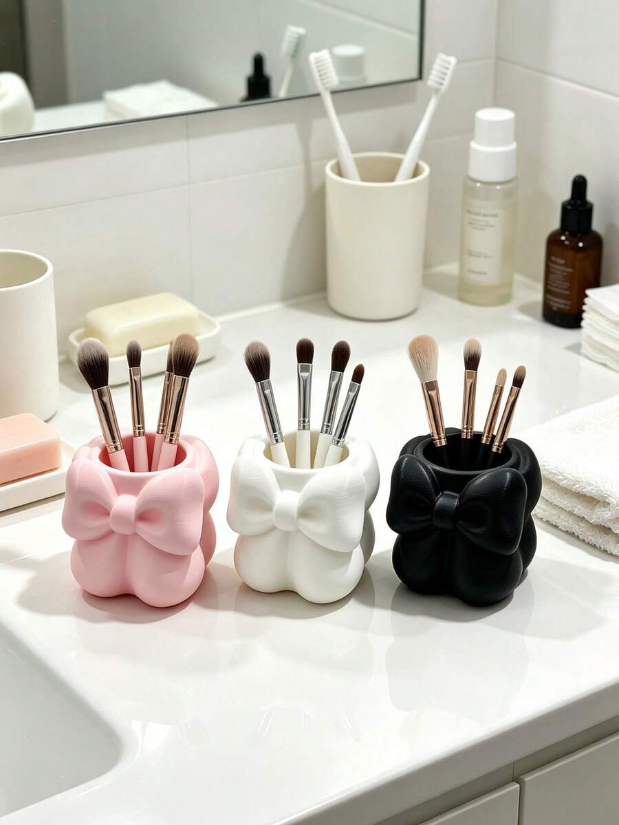 3D Printed Bow Makeup Brush Holder, INS Girly Style Desktop Pen Holder, Vanity Makeup Brush Comb Sundries Storage Bucket - Multicolor - View 1