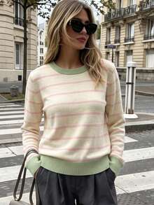 GIGOGOU New Basic Style Autumn/Winter Women's Casual Knit Striped Sweater Long Sleeve Pullover Soft And Comfortable - Apricot - View 3