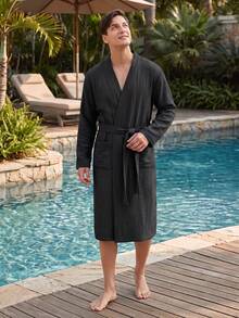 1件裝男士100%純棉雙層紗布休閒長袖浴袍，吸濕快乾家居服睡衣，寬鬆版型適合所有身型，適用春夏秋季 - 黑色 - 查看 6