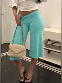 High Waist Wide Leg Cropped Pants, Women's Low Waist Elastic Loose Wide Leg Sports Pants, Elegant Solid Color Slim Fit Wide Leg Pants, Suitable For Commuting And Sports - Mint Blue - View 6