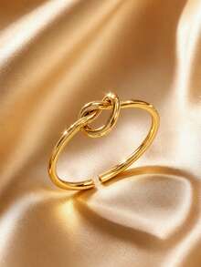 VceTd 1/2PCS Classic Minimalist Style Stainless Steel Women's Open Bangle/Ring Set With Knot Design, Suitable For Women's Daily Wear - Yellow Gold - View 6