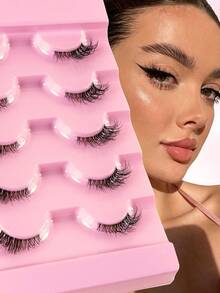 5 Pairs Fluffy Natural Eye-Enlarging Thick False Eyelashes, Curly 3D Natural Fake Lashes, Suitable For Holiday Parties, Vacation, Halloween, Christmas, Cat Eye Lashes - Black - View 1