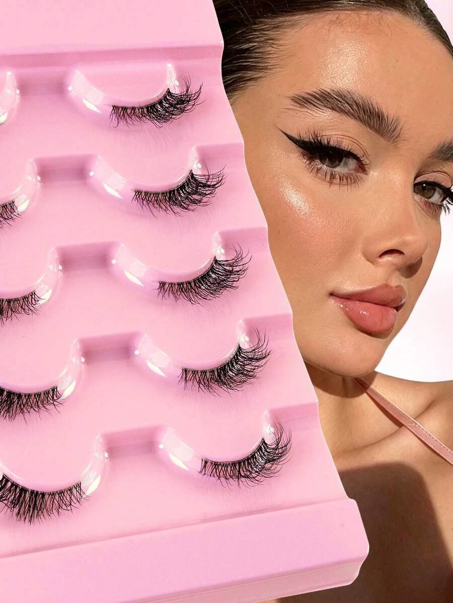 5 Pairs Fluffy Natural Eye-Enlarging Thick False Eyelashes, Curly 3D Natural Fake Lashes, Suitable For Holiday Parties, Vacation, Halloween, Christmas, Cat Eye Lashes - Black - View 1