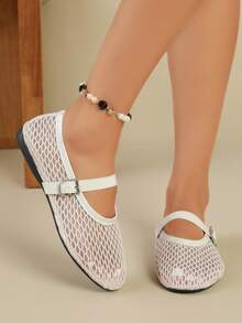 White Mesh Mary Jane Flats, Hollow Out Breathable Buckle Strap Slip-On Shoes For Women - White - View 5