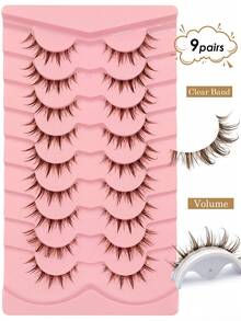 Sibeuna 9 Pairs Brown Wet-Look False Eyelashes, Transparent Band, Glossy Makeup Effect, Natural Style, Slender Design, Brown, Create Bright Eyes, Beginner Friendly, Magic Makeup Effect - Brown - View 6