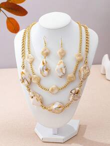 3 Pieces Bohemian Style Vintage Elegant Asymmetrical Geometric Double Layer Necklace And Earrings Set For Women, Suitable For Gifts, Parties, Banquets And Daily Wear - White - View 3