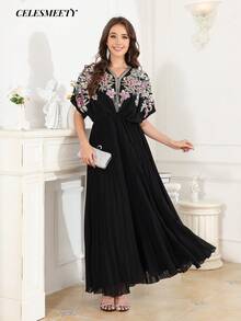 Luxury Royal Style Computer Sequin Beaded Embroidered Ball Gown, Elegant Black Striped Chiffon Batwing Sleeve Dress - Black - View 8