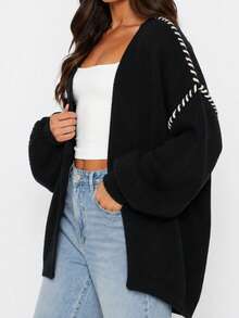 Plus Size Women's Contrast Color Knit Fabric Drop Shoulder Lantern Sleeve Cardigan, Suitable For Evening Date, College, Daily, Airport Outfits, Autumn/Winter - Black - View 5