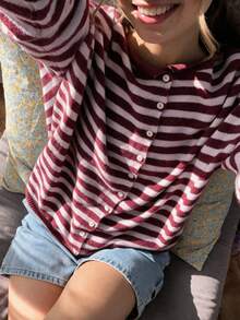 Women's Striped Casual Versatile Daily Outing Cardigan - Peach Pink + Early Red - View 6