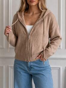 JTI Women's Two-Way Zip Hooded Knit Cardigan, Casual Loose Long Sleeve Sweater Jacket With Drawstring Hood For Daily Wear, Going Out, Fall/Wint - Brown - View 7