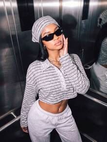 Women's Knitwear Striped Collar Button Long Sleeve Oversized Micro Cropped Top For Fall/Winter Daily,Fall Winter Clothes,Winter Fall Outfit,Going Out - White - View 8