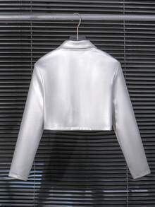 Tween Girl Fashion Solid Color Minimalist Casual Y2K Silver Lapel Long Sleeve Cropped Jacket Top - Silver - View 7