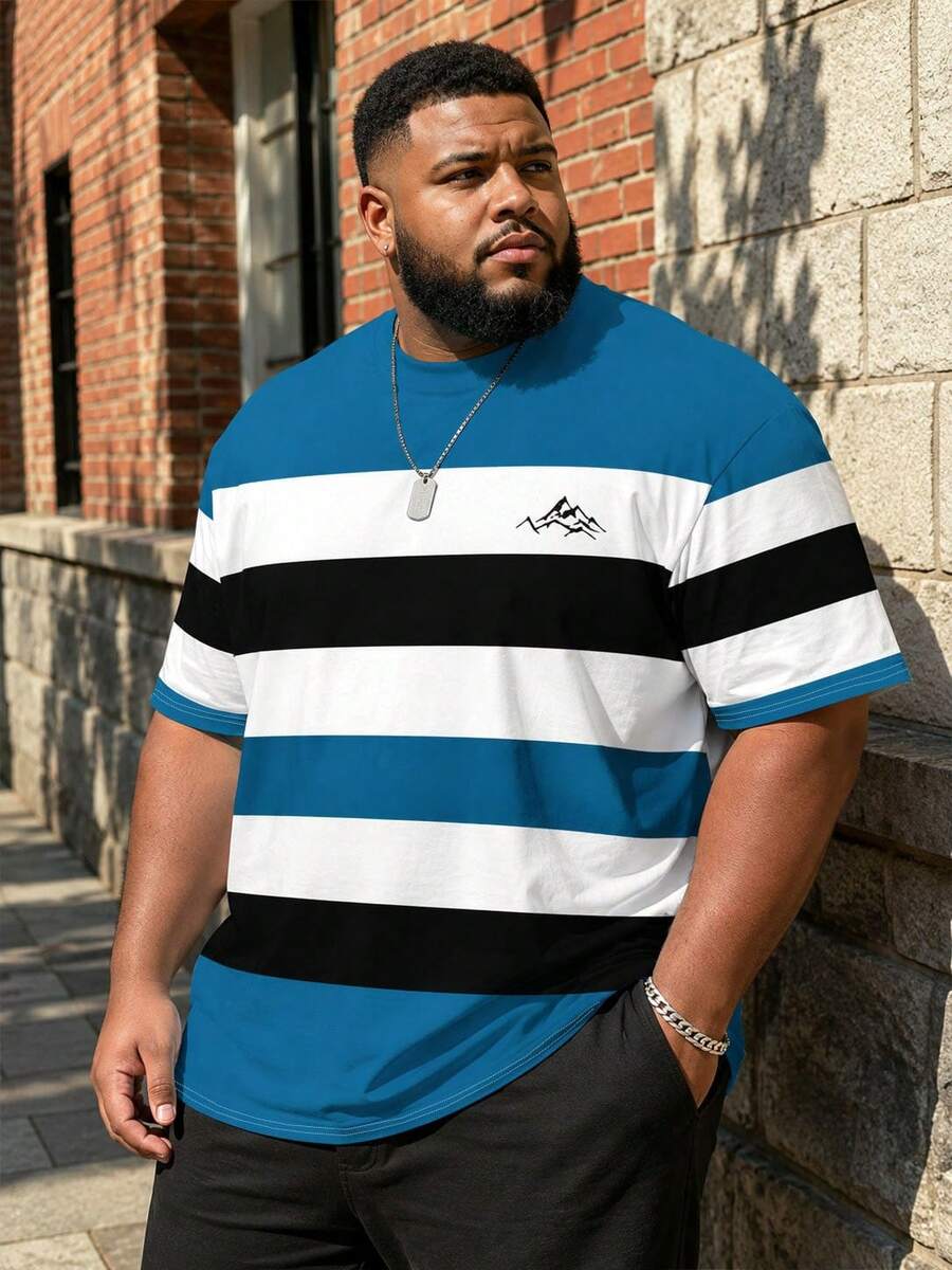 Plus Size Men's Blue White Black Colorblock Wide Horizontal Stripe Crew Neck Short Sleeve T-Shirt, Plus Size Men's Sports T-Shirt - Blue - View 1